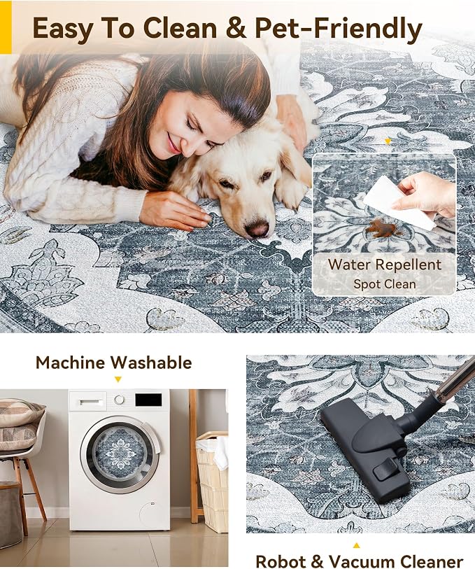 RELEANY Area Rugs Round 10ft Washable Non-Slip, Floral Vintage Distress Medallion Carpet for Living Room Bedroom Dining Room, Light Gray Grey White