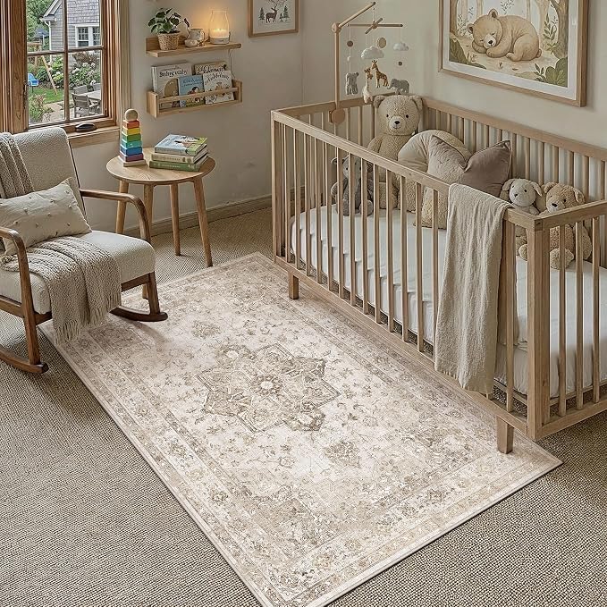 PureCozy Taupe Area Rug 4x5 Washable Vintage Carpet for Office Kitchen Non Slip Retro Distressed Door Mat Low Pile Soft Oriental Medallion Thin Small Throw Rug Entryway Bedroom Bathroom Dining Room