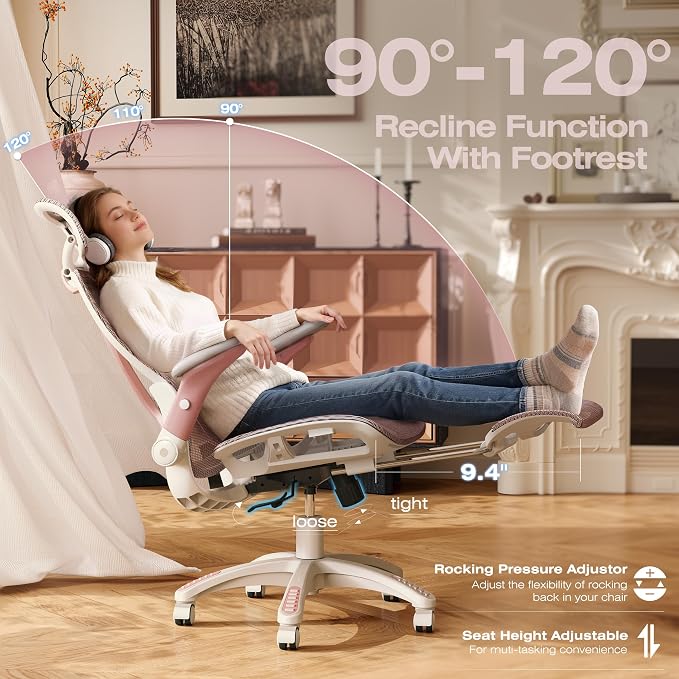 ELABEST X100 Ergonomic Mesh Office Chair with Footrest, Big and Tall Hone Desk Chair with 5D Flip-Up Arms, Adjustable 3D Lumbar Support,Gaming & Executive Computer Chairs