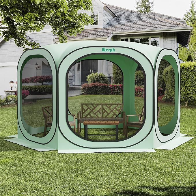 Werph 12x12 Pop Up Screen Tent, Mosquito Net Gazebo, UV Resistant, Green | Roof Waterproof Screen Canopy, Quick Setup Outdoor Shelter for Backyard, Patio, Garden, Picnic, Camping and Events