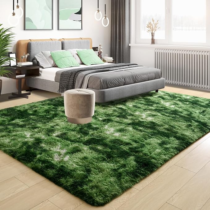 Tepook Fluffy Dark Green Rugs for Living Room Bedroom, 4x6 Soft Area Rug Tie-Dyed Forest Moss Green Kids Girls Boys Rug, Indoor Plush Shaggy Non-Slip Carpet for Nursery Classroom Dorm Home Decor
