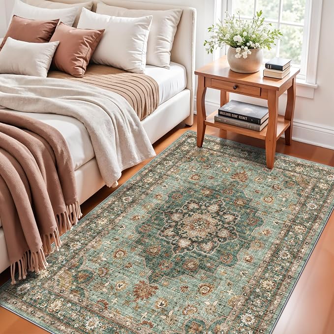 4x5 Area Rugs for Living Room: Perfect for Bedroom Kitchen Kids Room Nursery - Stain & Water Resistant Non-Slip Pet & Child Friendly Vintage Carpet (Green, 4x5)