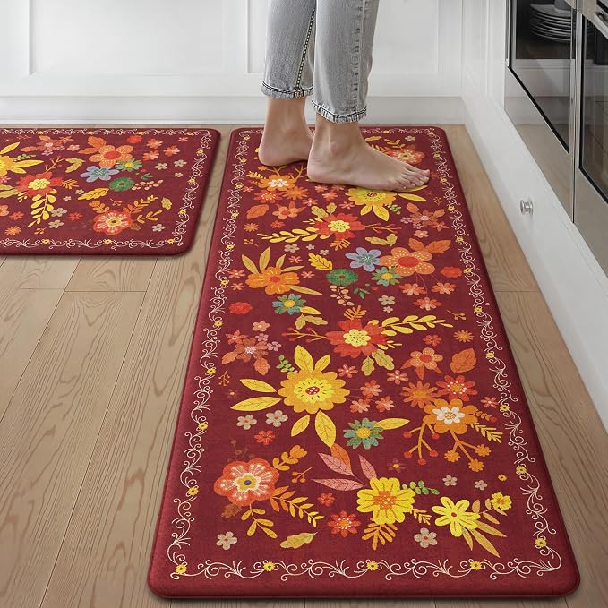 GENIMO Anti Fatigue Kitchen Mats for Floor 2PCS, Cushioned Standing Mats | 17.3"x47"&17.3"x30", Red vintage floral rug set, waterproof, non slip, easy-clean for farmhouse