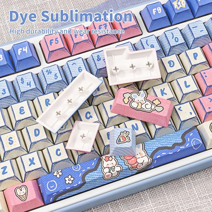 Manga Themed Keycaps 134 Key PBT Keycap Set Cherry Profile Dye-Sublimation Cute Keycaps with Denim Bunny Design for 61/87/104/108/84/64/98/96 Mechanical Keyboard