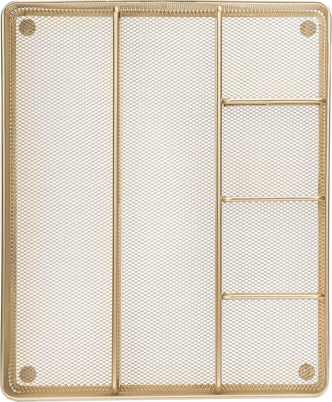 Annova Desk Top Organizer Tray for Office Organization - Metal Mesh - Storage Tray with Dividers for Pens, Desktop Accessories, Bathroom, Kitchen, Makeup and Office Supplies (Large, Gold)