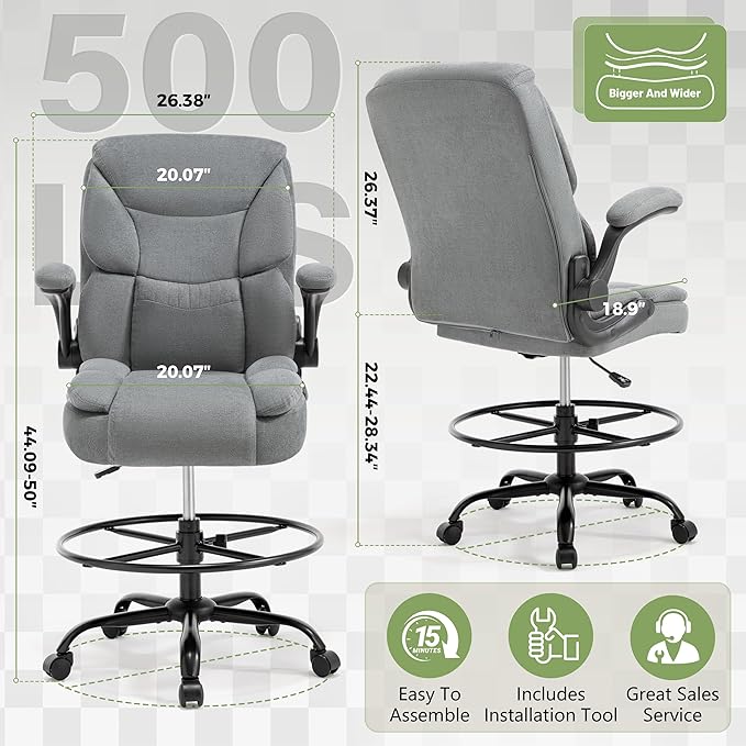 500LBS Drafting Chair, High Back Safer Standing Desk Chair, Executive Tall Office Chair with Flip-up Armrests, Upholstered Fabric Task Chair, Ergonomic Seat with Adjustable Height&Foot Ring, Grey