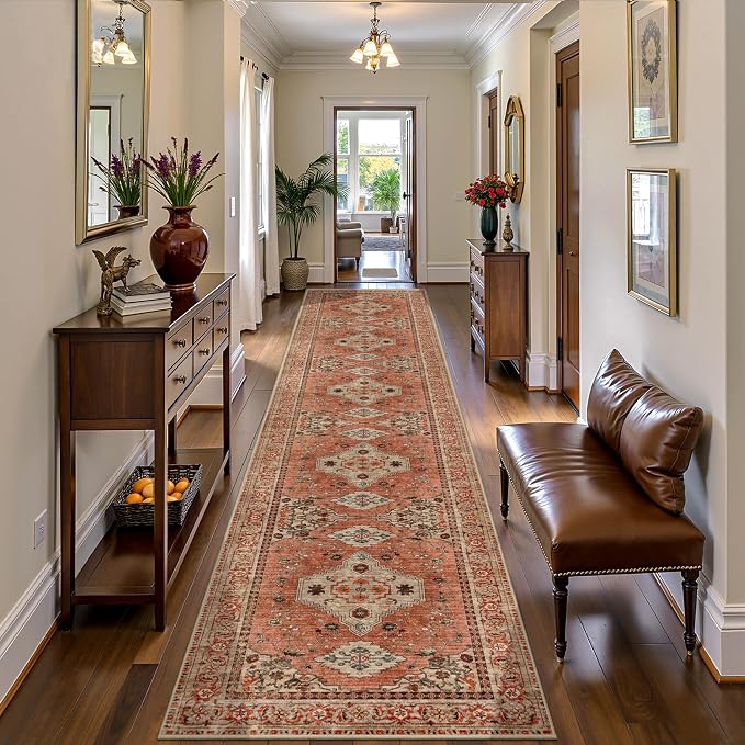 Tangsoo Boho 16ft Runner Rug for Hallways 2.6x16 Washable Hallway Runner Rug, Non Slip Vintage Soft Low Pile Long Rug Runner, Oriental Terracotta Carpet Runners for Living Room Kitchen Bedroom