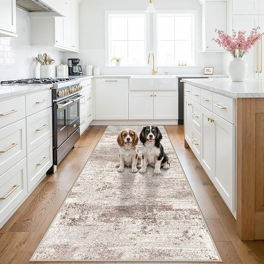 RUUGME Washable Runner Rug 3x10: Abstract Lightweight Soft Rugs for Hallway Non-Slip Ultra Thin Kitchen Laundry Runners Low-Pile Stain Resistant Carpet for Newlywed Home Decor 3X10 Brick/Brown/Beige