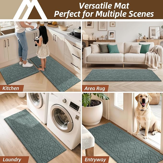 COSY HOMEER Kitchen Rugs Sets 2PCS,Non-Slip Washable Kitchen Mats for Floor,Absorbent and Stain Resistant Kitchen Runner Rugs for Kitchen Sink Laundry Entryway,24"x35"+24"x60",Heather Green