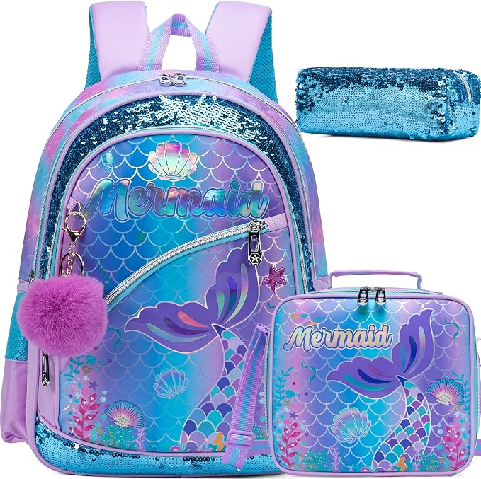 Meetbelify Mermaid Backpack for Girls School Backpack with Lunch Box for Elementary Student Teen Girls Cute School Bag Kids Bookbag for Girls 8-10 Purple
