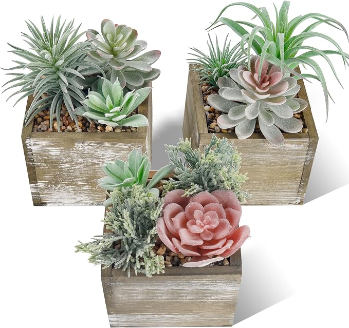 Der Rose Set of 3 Succulents Plants Artificial Fake Plants in Wood Pots with Pink Fake Flowers for Farmhouse Bathroom Desk Sheif Decor