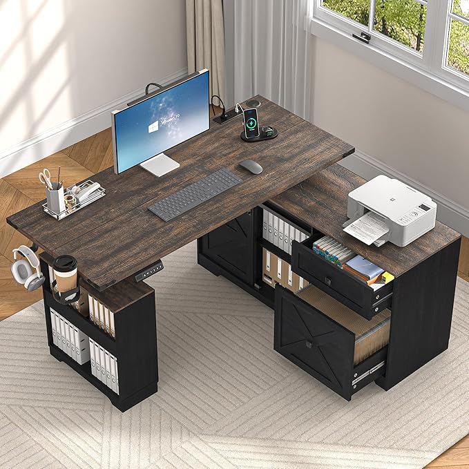 St.Mandyu L Shaped Electric Standing Desk 55" Black with Power & Storage | File drawer, sliding door cabinet, cup holder, height adjustable, sturdy wood frame, home office for work/study/writing