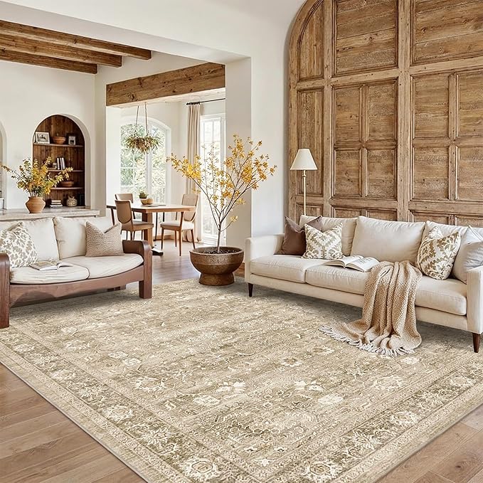 8x10 Beige Washable Area Rugs for Living Room Non Slip Low Pile Vintage Boho Throw Rug Khaki Soft Retro Distressed Floral Large Carpet Indoor for Bedroom Dining Room Office Kitchen Playroom