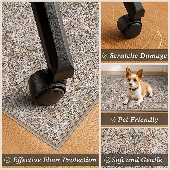 Vintage 4x5 Office Chair Mat for Hardwood Floors, Moss Non-Slip Desk Rug, Machine Washable for Dorm Room, Low Pile Carpet Floor Protector for Rolling Chair, Botanical Design Stain Resistant Carpet