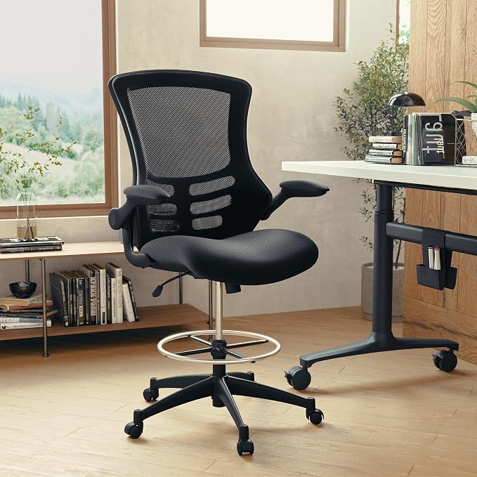 Flash Furniture Kelista Mid-Back Swivel Office Chair with Adjustable Seat Height, Ergonomic Mesh Desk Chair with Flip-Up Armrests, Black | Adjustable Foot Ring, Mid-Back, Flip-Up Arms, Mesh Back