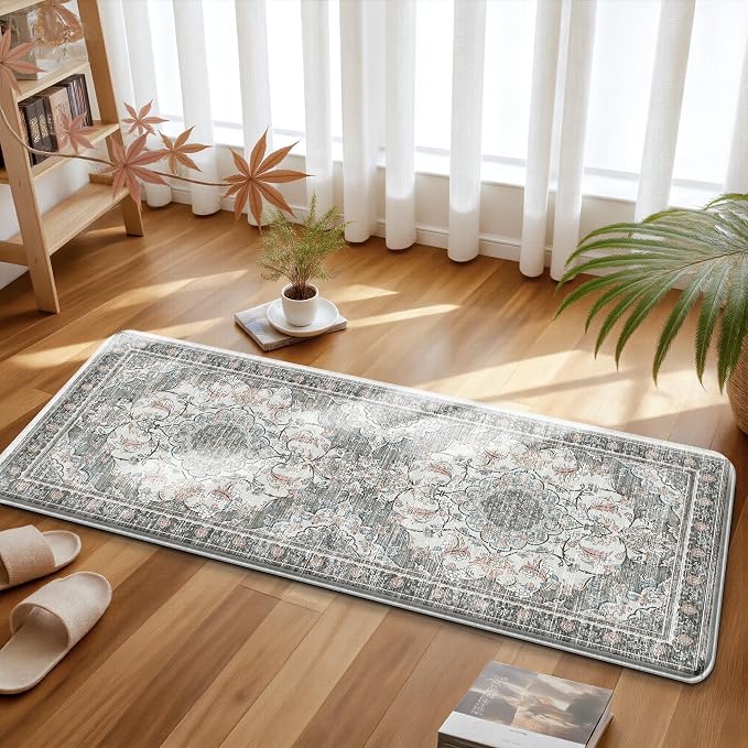 Boho Kitchen Mats for Floor 2 Piece Set Anti Fatigue Cushioned PVC Kitchen Rugs Non Slip Waterproof Farmhouse Mats 2/5 Inch Comfort Standing Mat for Sink, Laundry, 17.3"x47"+17.3"x28", Beige Grey