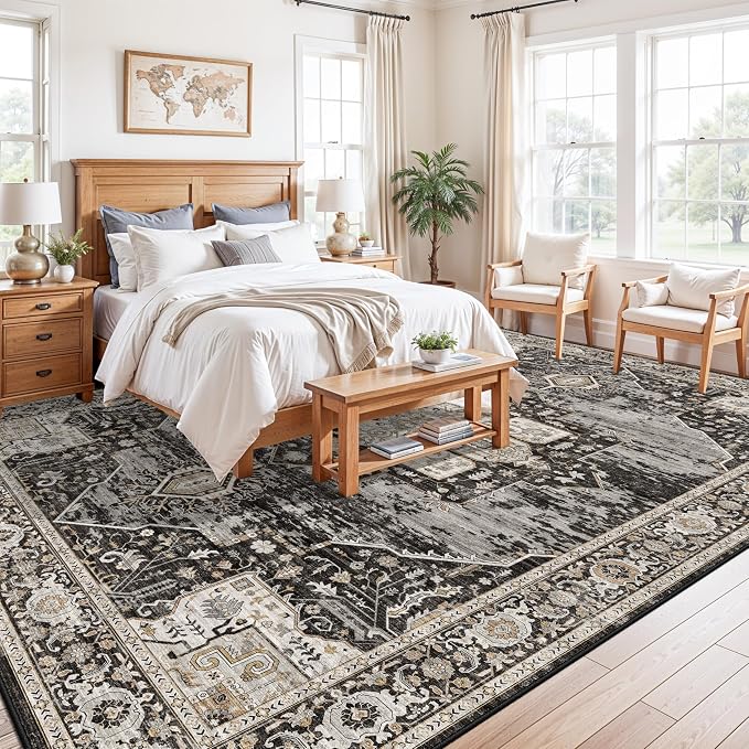 RUUGME Washable 11x15 Area Rug - Large Vintage Rugs with Non Slip Rubber Backing Stain Resistant Carpet for Bedroom Dining Room Indoor Soft Carpets Home Decor Decoration Mat 11X15 Black
