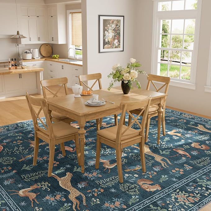 DUKINO 6x9 Rug, Washable Animal Living Room Rug with Non Slip Vintage Design, Soft Low Pile Large Carpet for Bedroom, Nursery, Dining Room, Farmhouse, Playroom, Blue