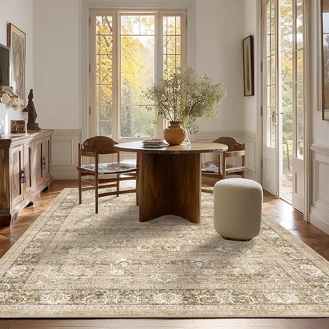 5x7 Beige Washable Area Rugs for Living Room Non Slip Low Pile Vintage Boho Throw Rug Khaki Soft Retro Distressed Floral Carpet Indoor for Bedroom Dining Room Office Kitchen Playroom