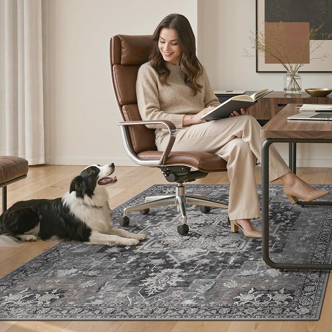 48"x60" Office Chair Mat for Hardwood Tile Floor, Under Desk Carpet Protector for Rolling Computer Chair Mat, Machine Washable Area Rug, Anti-Slip 1/5" Thick Low Pile Thin Vinyl Floor Mat, Black