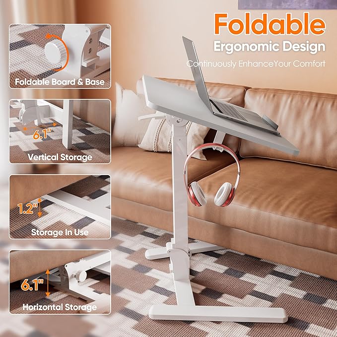 Monomi Mobile Folding Desk 25.6 Inch, Small Sit-Stand Height Adjustable Rolling Laptop Desk, Space-Saving Portable Desk with Wheels for Home Office Craft & Study, White