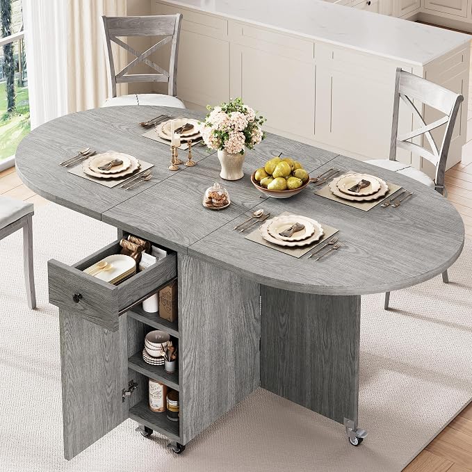 Jocoevol Round Folding Dining Table for 4, Space Saving Drop Leaf Kitchen Table with Storage Drawer, 6 Wheels Oval Gateleg Foldable Dining Table for Small Spaces(Grey 47 * 23.6 * 30)