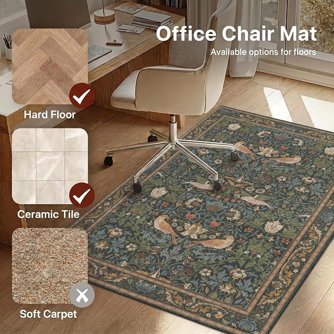 48"x60" Office Chair Mat for Hardwood Tile Floor, Under Desk Carpet Protector for Rolling Computer Chair Mat, Machine Washable Area Rug, Anti-Slip 1/5" Thick Low Pile Thin Vinyl Floor Mat, Deep Green