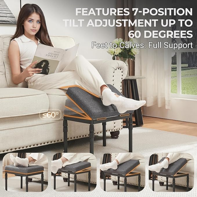 TIOPGHAD Adjustable Ottoman Pouf Footrest, 60 Degree Tilt, Carbon Gray | 4-Height, 28 Positions, Iron frame, Foam Cushion, 15.74 x 11.81 x 13.34 in, Under Desk, Living room, Home Office