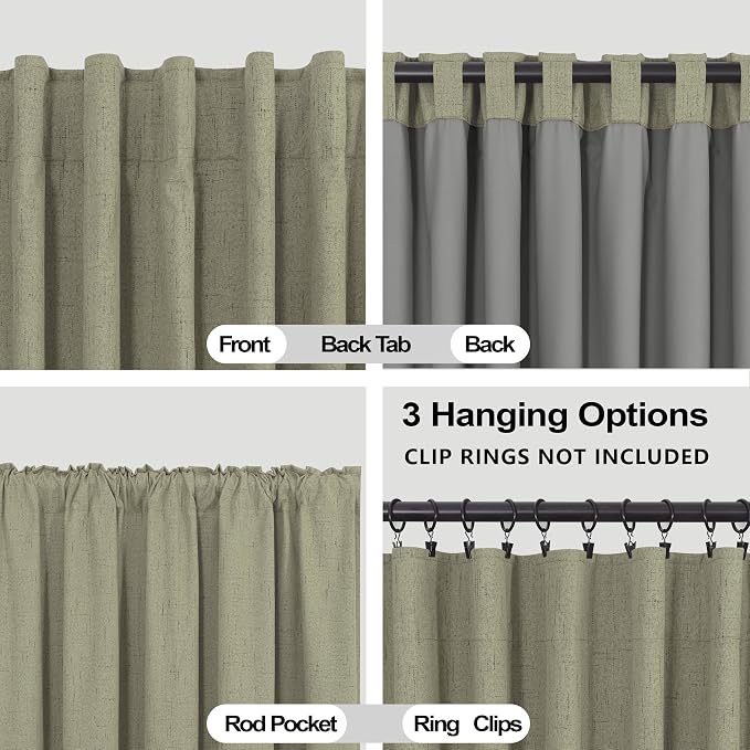 KOUFALL 52x72 Inches Long Sage Green Back Tab Linen Blackout Curtains