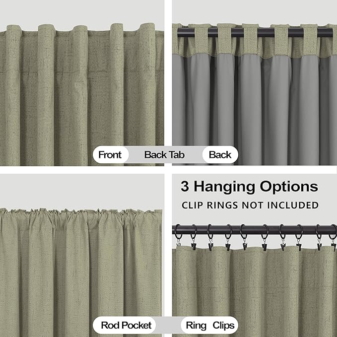 KOUFALL Sage Green Back Tab Linen Blackout Curtains 52x90 Inches Long