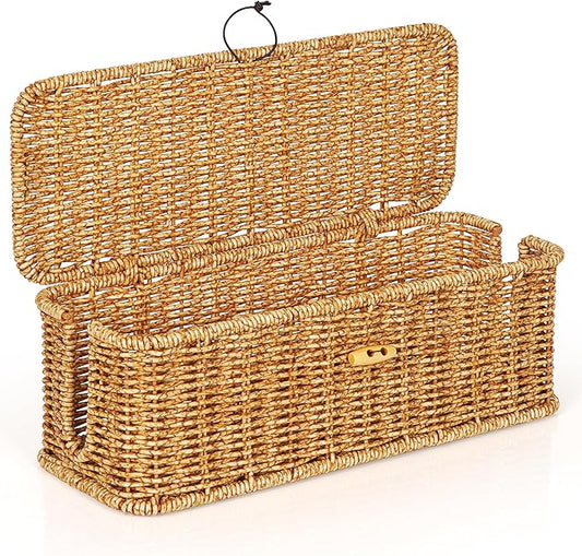 Cable Management Box, Handwoven Faux Rattan Cord Organizer Box with Lid, 2 Open Slots Cable Organizer Box, Decorative Cord Hider Box for Tv Computer USB Hub & Power Strip Holder Box
