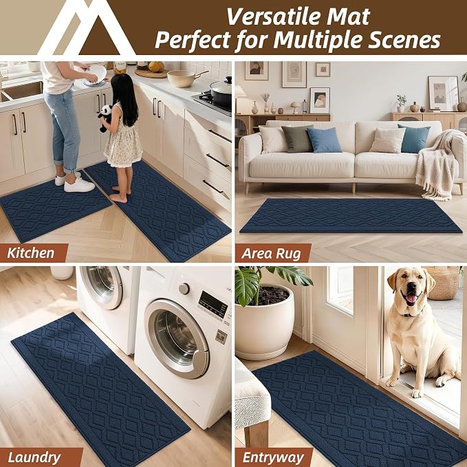 COSY HOMEER 60x24Inch/35X24Inch Kitchen Rugs Sets Non-Slip Washable Kitchen Mats for Floor Polypropylene Absorbent Kitchen Runner for Kitchen Sink Hallway Entryway(Navy Blue)