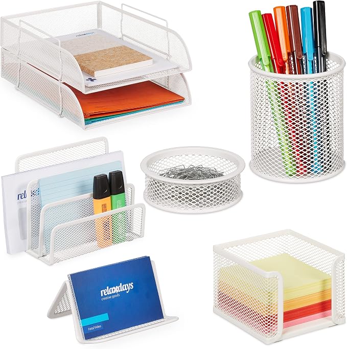 Relaxdays Desk Organiser Set, 100% steel, White, 8.5 x 26.5 x 33.5 cm