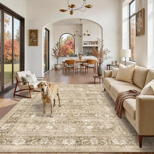 6x9 Beige Washable Area Rugs for Living Room Non Slip Low Pile Vintage Boho Throw Rug Khaki Soft Retro Distressed Floral Large Carpet Indoor for Bedroom Dining Room Office Kitchen Playroom