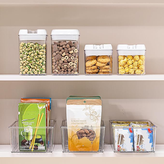 Vtopmart 2 Pack Food Storage Organizer Bins, Clear Plastic Bins for Pantry, Kitchen, Fridge, Cabinet Organization and Storage, 4 Compartment Holder Packets, Snacks, Pouches, Spice Packets | For Pantry, Kitchen, Fridge and Cabinet Organization, Organize...