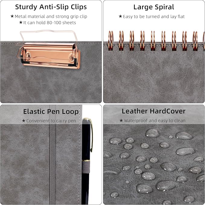 Ospelelf Grey Foldable Clipboard Folio with with Storage Zipper Pouch, Leather Spiral Clipboard Folder with Notepad, 5 Plastic Folders with 10 Pockets, 39 Divider Label Stickers, Pen Loop Series