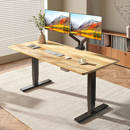 FLEXISPOT E6 MAX Solid Wood Dual Motor 55x24 Inch 3-Stage Heavy Duty Standing Desk, 330lbs Weight Capacity, Height Adjustable Desk w/Cable Management & Wheels(Butcher Block Rubberwood + Black Frame)