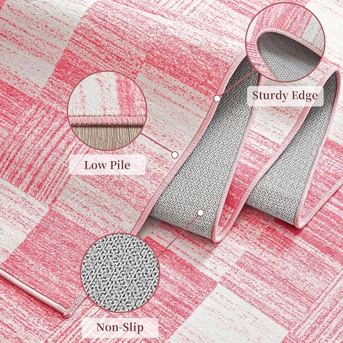 Terrug Pink Checkered Rug for Bedroom, 4x6 Area Rugs Washable with Non Slip for Living Room, Soft Low Pile Stain Resistance Abstract Carpet for Kids Room
