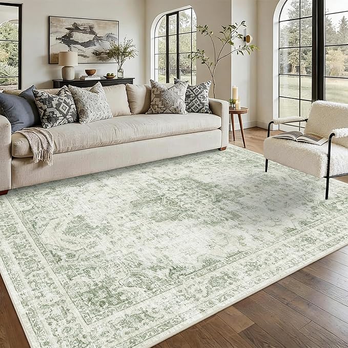 5x7 Vintage Washable Area Rugs Boho Medallion Large Distressed Retro Accent Carpet Floral Non-Slip Soft Low Pile Indoor Throw Rug for Living Room Bedroom Dining Room Office Kitchen, Green