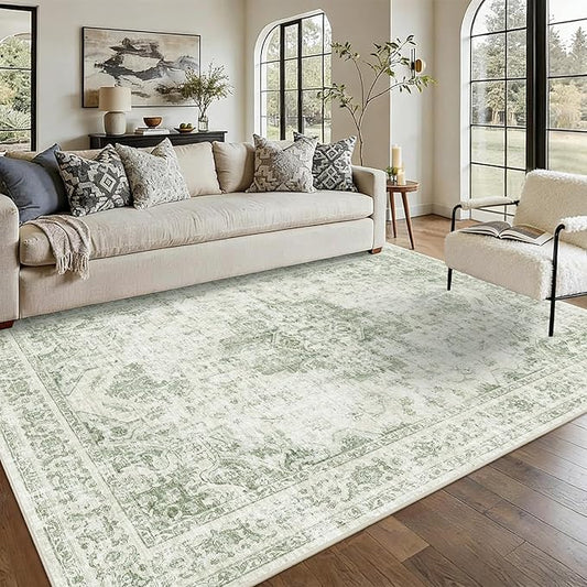 5x7 Vintage Washable Area Rugs Boho Medallion Large Distressed Retro Accent Carpet Floral Non-Slip Soft Low Pile Indoor Throw Rug for Living Room Bedroom Dining Room Office Kitchen, Green