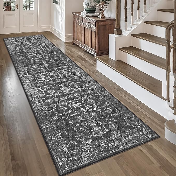 3x10 Black Runner Rug Hallway Washable Area Rugs Kitchen Vintage Boho Non Slip Long Rug Floral Carpet Indoor Retro Soft Low Pile Throw Rug for Bedroom Bathroom Laundry Dining Living Room Office