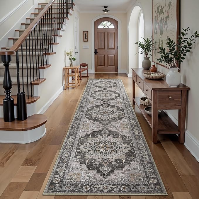 Tangsoo 2.6x10ft Farmhouse Hallway Runner Washable Runner Rug for Hallways, Non Slip Vintage Soft Low Pile Long Rug Runner, Oriental Carpet Runners for Kitchen Bedroom Entryway Living Room Taupe/Grey