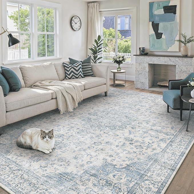 PureCozy 9x12 Area Rug Washable Neutral Blue Vintage Living Room Bedroom Carpet Non Slip Low Pile Soft Floral Indoor Large Throw Rug for Dining Room Office