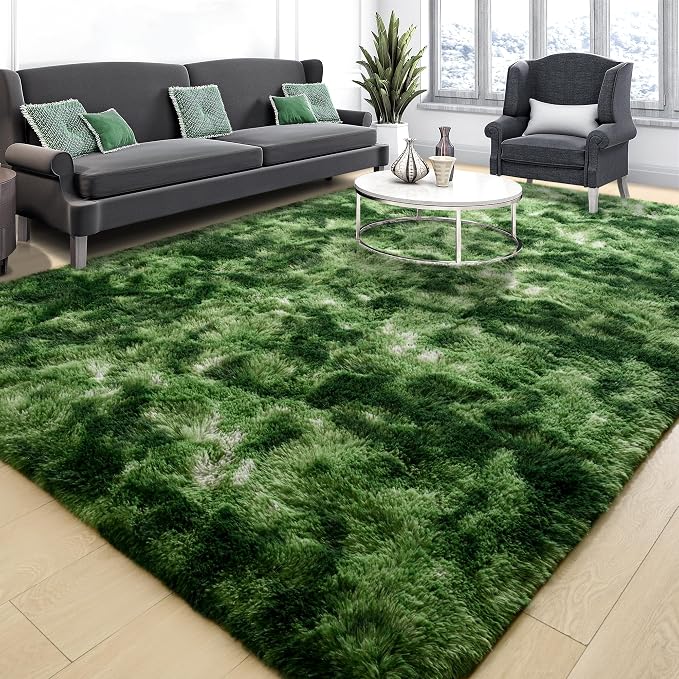 Tepook Fluffy Dark Green Rugs for Living Room Bedroom, 8x10 Soft Area Rug Tie-Dyed Forest Moss Green Kids Girls Boys Rug, Indoor Plush Shaggy Non-Slip Carpet for Nursery Classroom Dorm Home Decor