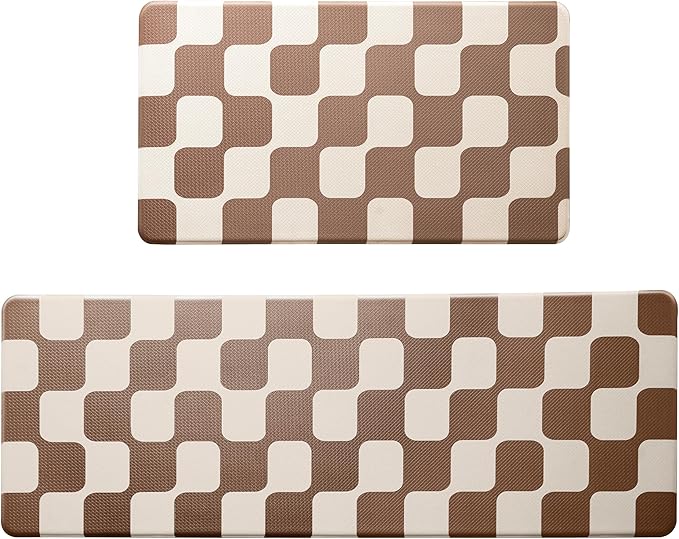 Khaki Beige Retro Curvy Checkered Grid Checkerboard Kitchen Rug Sets [2 PCs], Anti-Fatigue, Waterproof Non-Slip Kitchen Mats Heavy Duty Comfort Foam Rug for Floor, Home, Laundry,17"x29"+17"x47"