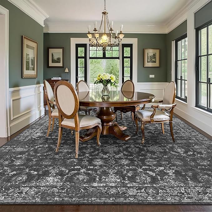 10x12 Black Washable Area Rugs for Living Room Vintage Boho Non Slip Large Rug Distressed Floral Carpet Indoor Retro Soft Low Pile Farmhouse Throw Rug for Bedroom Dining Nursery Office