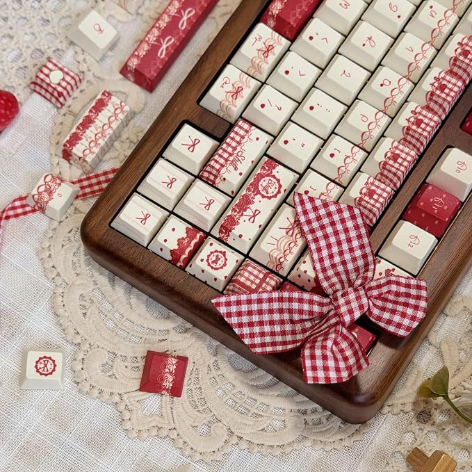 Raspberry Mousse Theme Keycaps 140 Keys, PBT Keycap Cherry Profile, Dye-Sub Cute Red Key Caps Set 60% 75% 96% 100%, Custom Keyboard Keycaps MX Switch Mechanical Keyboard (Only Keycap)