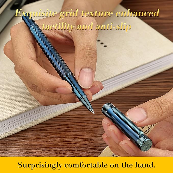Electroplated Blue Rollerball Pen, Stunning Luxury Pen with Mesh Texture Design、Schmidt Ink Refill, Nice Gift Set for Men & Women, Business, Executive, Office, Fancy, Nice Fancy Designer Pens