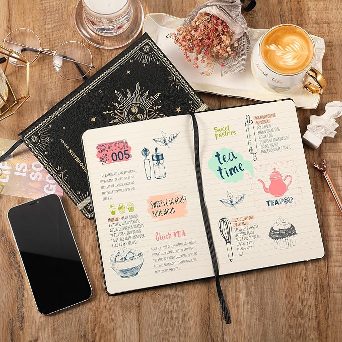 Artfan Ruled Notebook/Journal – Premium Thick Paper Classic Writing Notebook with Pocket + Page Dividers Gifts, Banded, Large, 128 Pages, Hard Cover, Lined (5.3" x 8.26") - Black