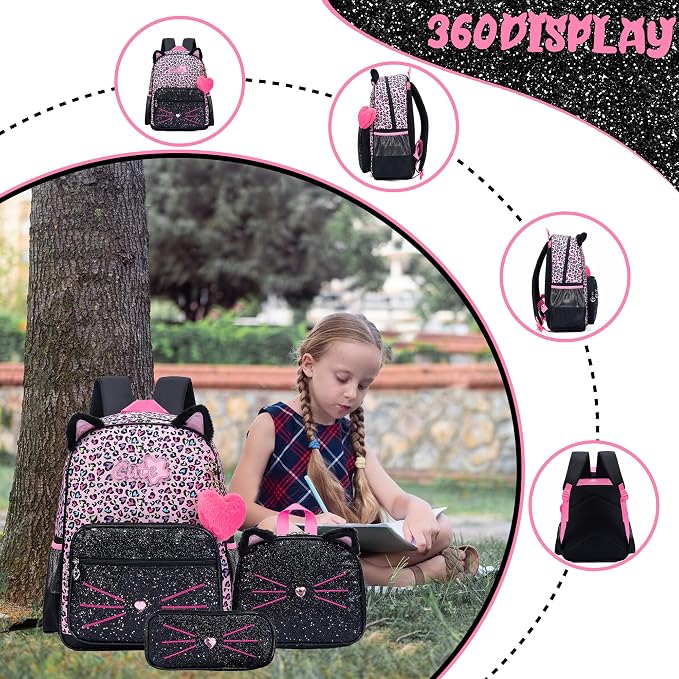 Meetbelify Black Cute Cat School Backpack for Girls Backpack with Lunch Box for Elementary Students Kids Travel Bookbag for Girls Ages 6-8